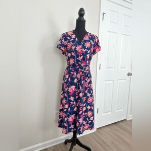 LOFT Navy and Pink Floral Midi Dress